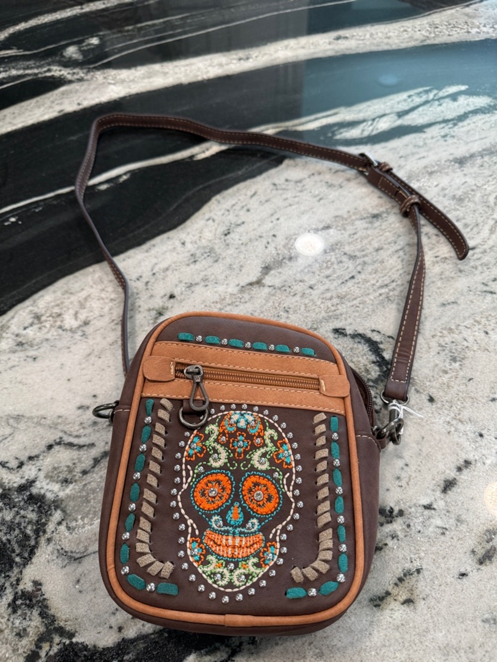 Brown Embroidered Sugar Skull Crossbody Bag